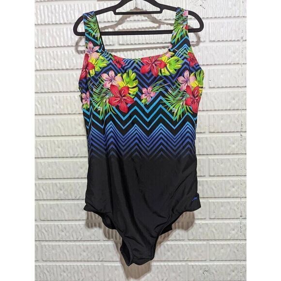 Aquabelle Women's Multi-Color One Piece Floral Top Solid Bottom Swim Suit Size 2 - Picture 1 of 6